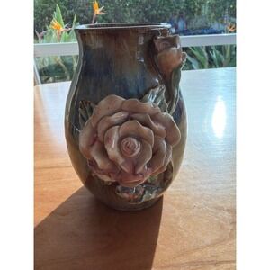 Antique 3D Raised Rose Art Nouveau Barbotine Majolica Pottery Vase